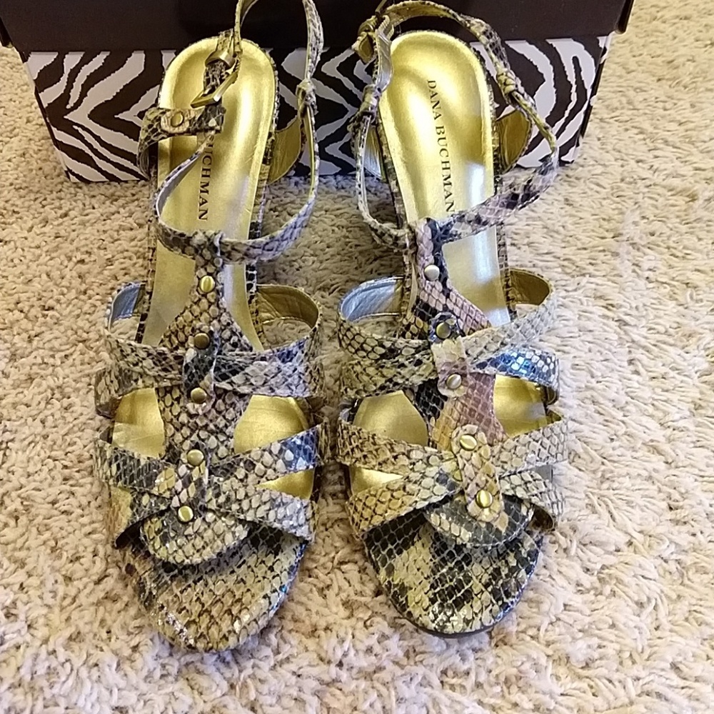 Dana Buchman gold studded leather snakeskin shoes wedges